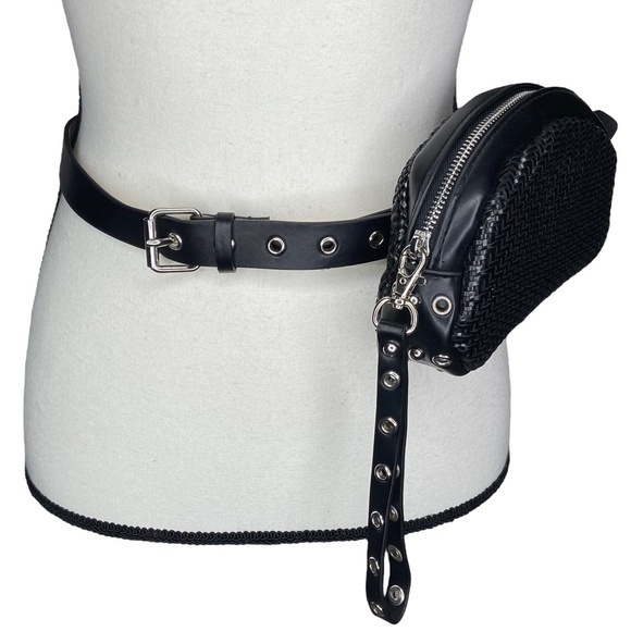 INC International Concepts Belt Bag Black Faux Leather Belt & Woven Fanny Pack - Picture 1 of 12